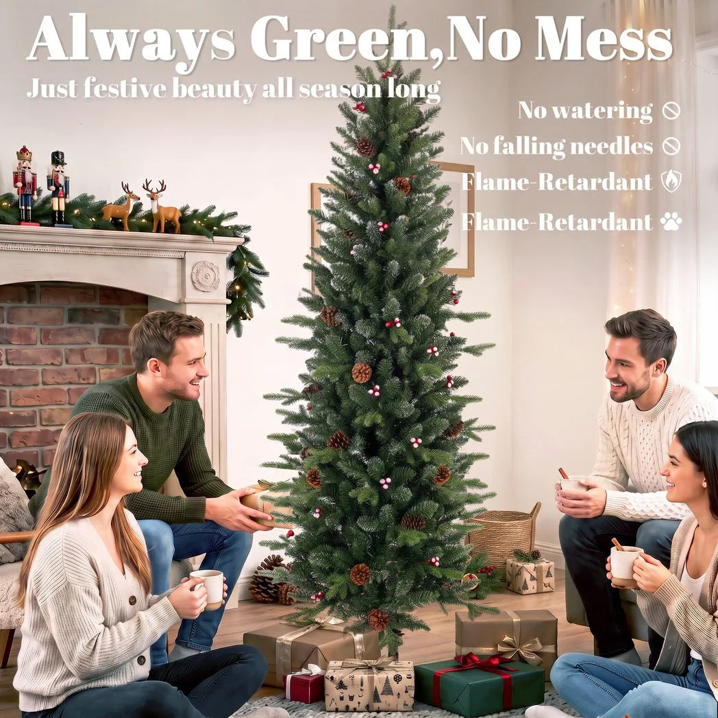 HOMCOM 7ft Slim Artificial Christmas Tree, Gracious Pine with 904 Tips, Pine Cones and Berries, Green