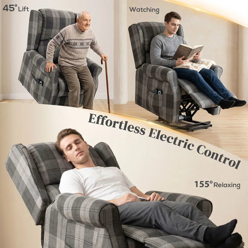 HOMCOM Power Lift Recliner Chair with Vibration Massage and Heat – Electric Riser Chair with Remote, Grey Check