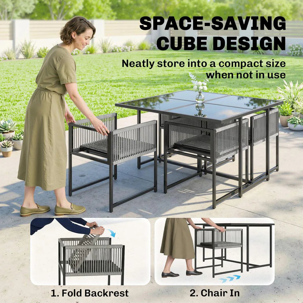 Outsunny 5 Piece Garden Dining Set for 4 with Glass-Top Table & Foldable Backrest Chairs – Patio Set, Light Grey