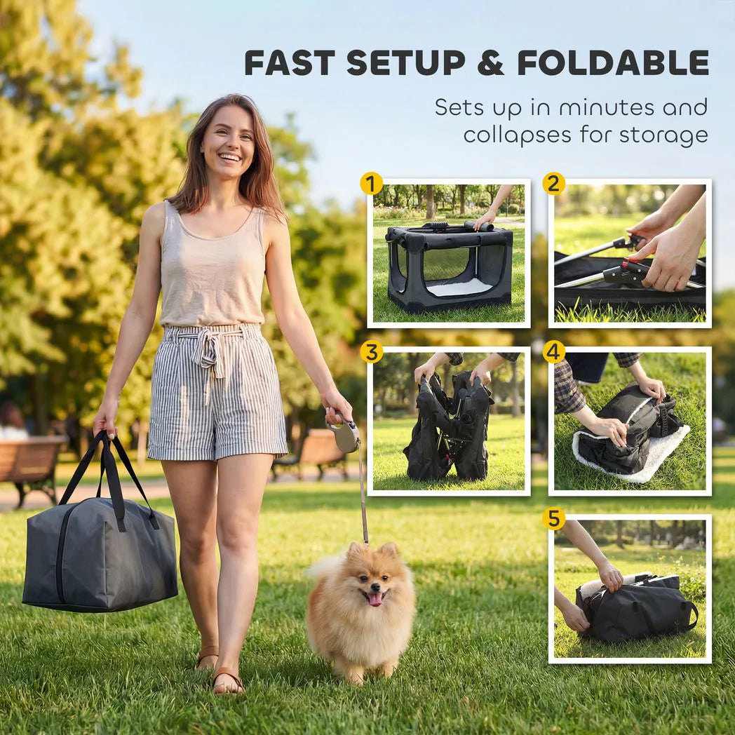 PawHut Soft Dog Crate, 60 x 42 x 43 cm – Foldable Travel Carrier with Removable Pad and Mesh Window, Army Green