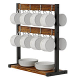 Tabletop 2-Tier Wooden Mug Rack with 16 Hooks – Industrial Farmhouse Coffee Mug Holder, Carbonised Wood