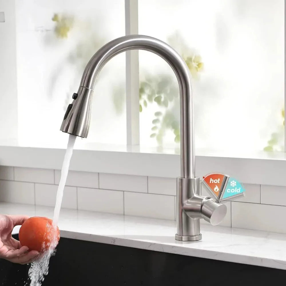 360° Pull-Out Kitchen Sink Mixer Tap with Dual Spray Modes – Single Lever Mono Tap, Brass Body, Silver