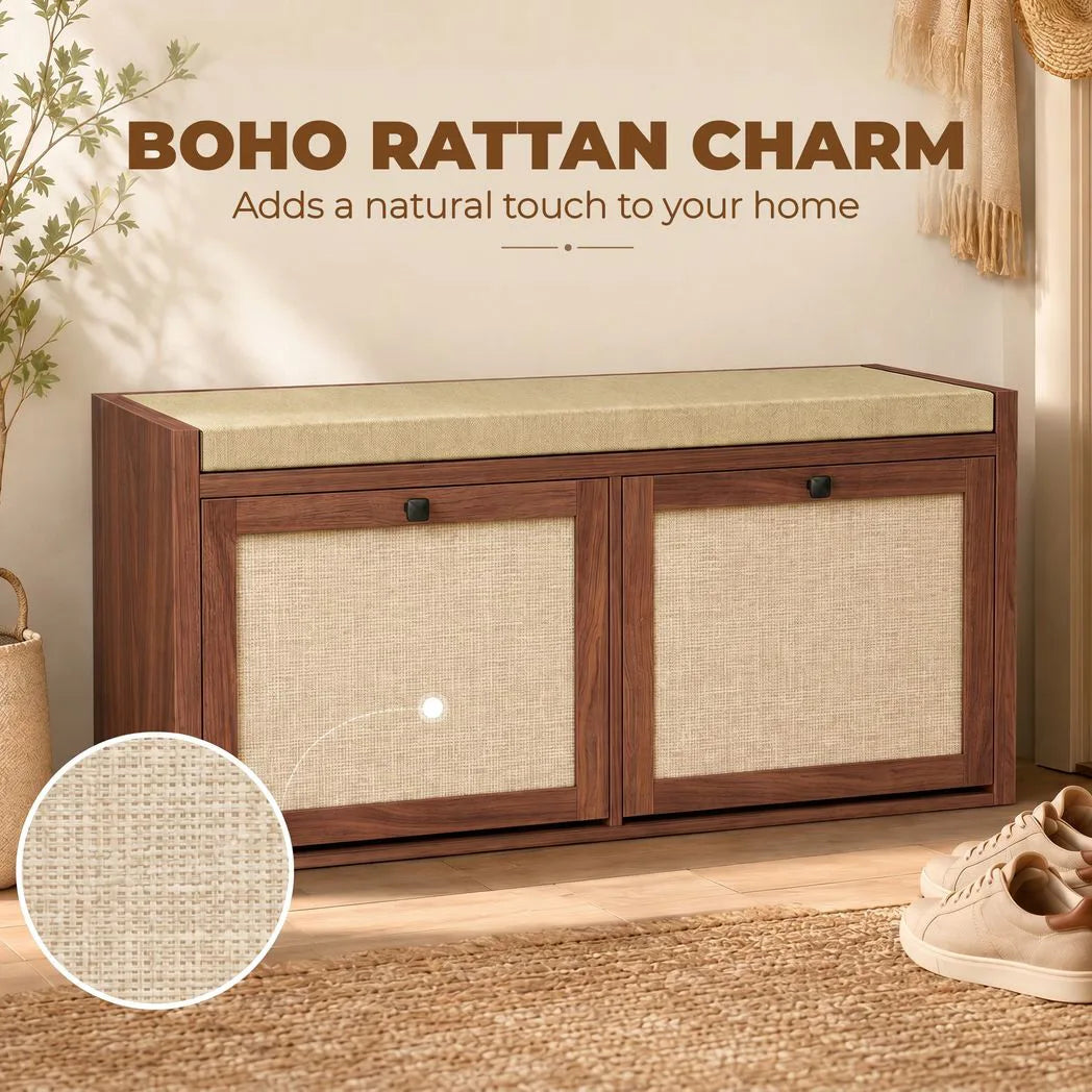 HOMCOM Rattan Shoe Bench with Padded Cushion and 2 Storage Cabinets – Brown, 108 cm