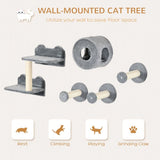 PawHut 5-Piece Wall-Mounted Cat Furniture Set with Perch, Cat House and Sisal Scratching Post – Plush Cat Shelves