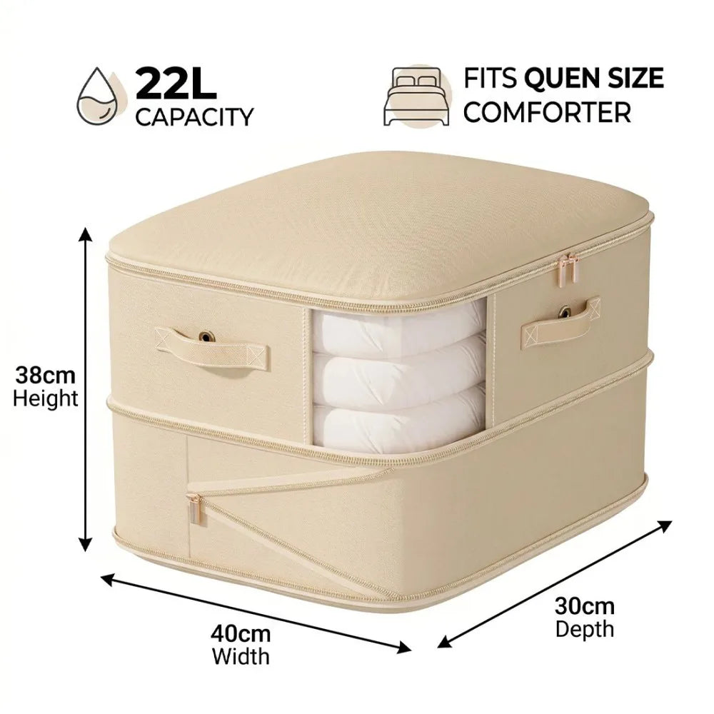 4 Zippered Foldable Clothes Storage Bags with Clear Window & Reinforced Handles – Large Bedding Storage, Beige
