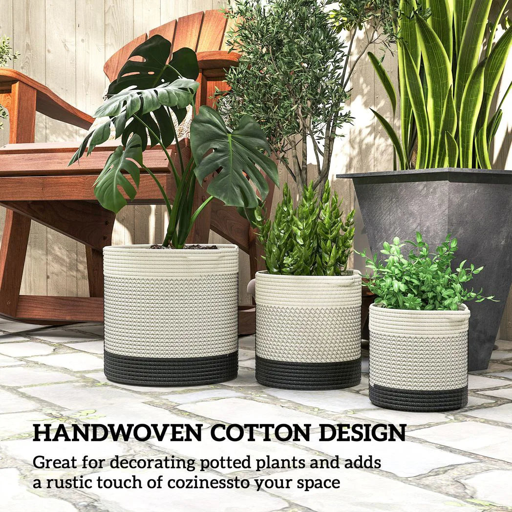 Outsunny Handwoven Cotton Rope Plant Pots, Set of 3 – Indoor Planters with Waterproof Liner, White