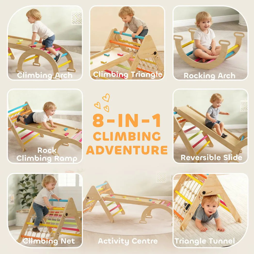 AIYAPLAY 8-in-1 Toddler Climbing Frame with Slide, Arch and Triangle Ladder – Indoor Play Set, Multicolour
