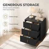 HOMCOM Modern Fluted 3 Drawer Dresser with Metal Legs and Gold-Colour Handles – Bedroom & Hallway Chest of Drawers, Black