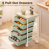 HOMCOM 6-Tier Storage Trolley on Wheels with 5 Pull-Out Drawers – Metal Kitchen Rolling Cart, Green