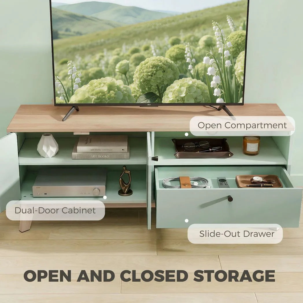 HOMCOM TV Stand for TVs up to 36 Inch with 2 Doors, Drawer and Adjustable Shelf – Mid-Century Media Unit, Light Green