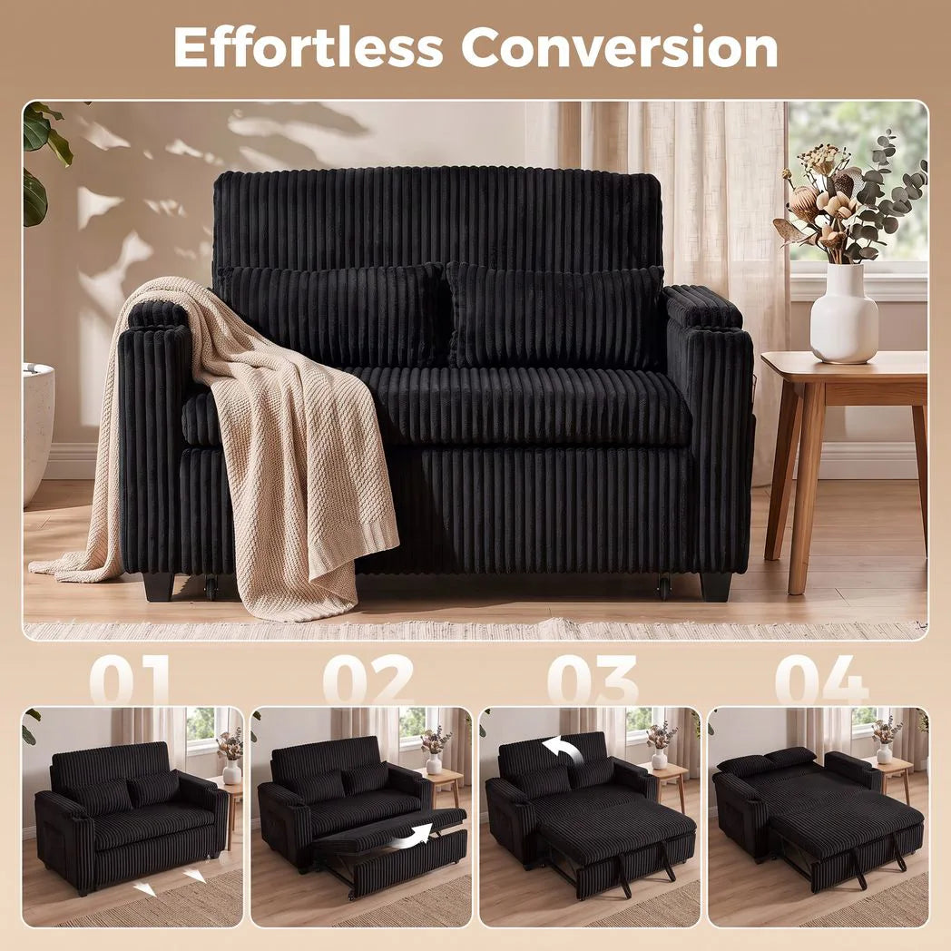 HOMCOM 2 Seater Sofa Bed with 5-Position Backrest, Storage Armrest and Cup Holders – Corduroy Sleeper, Black