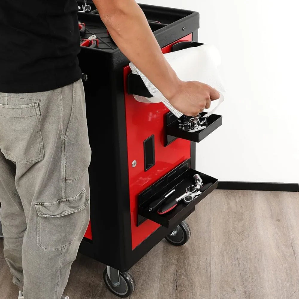4-Piece Magnetic Tool Tray Set with Shelves, Aerosol Can and Paper Towel Holders – Toolbox Side Storage