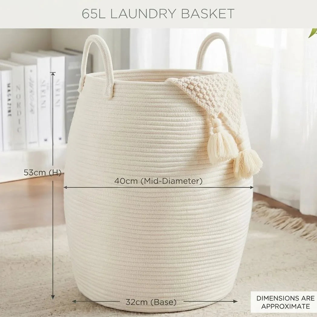 65L Foldable Laundry Basket with Handles – Fabric Washing Hamper & Storage Bin, Modern Minimalist, White