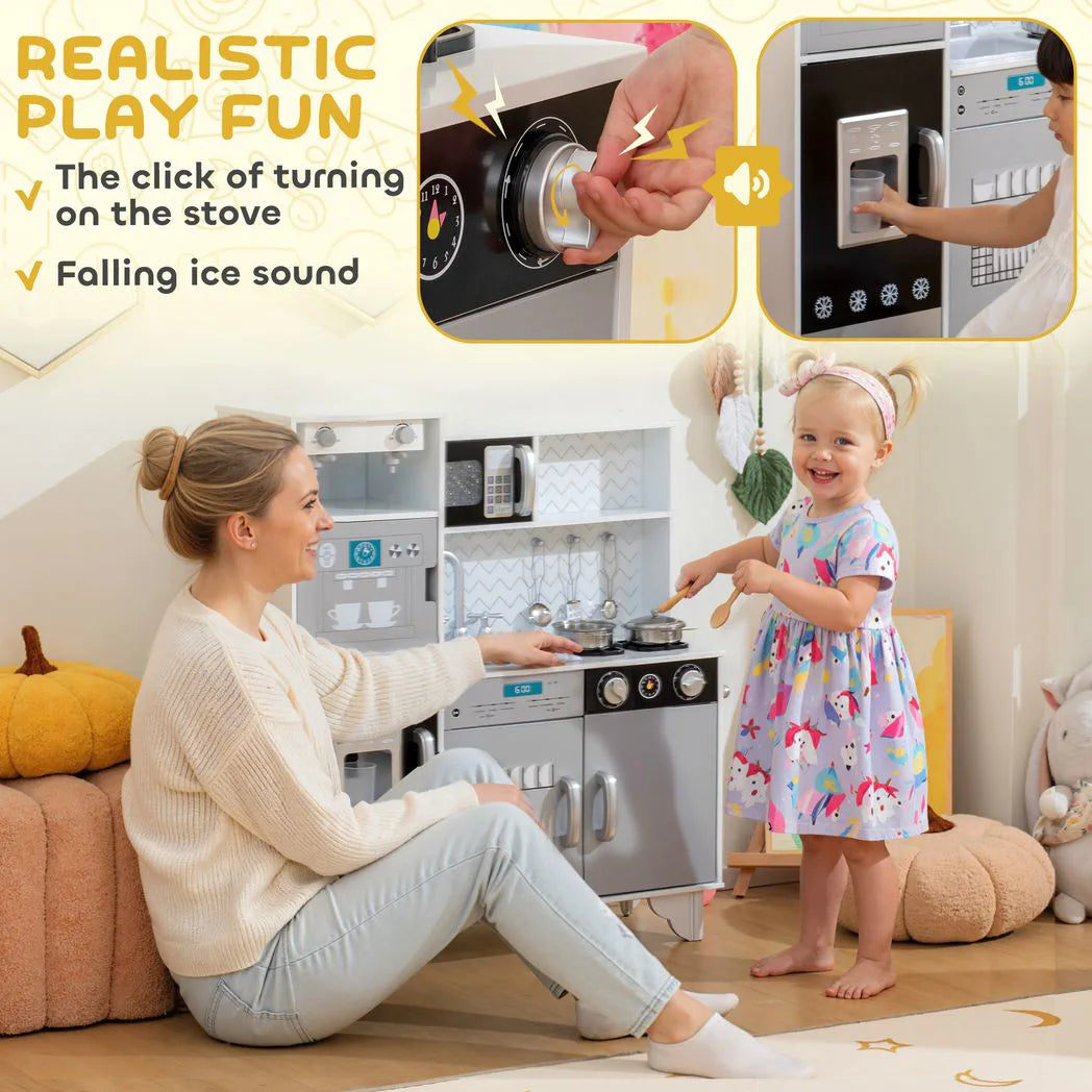 AIYAPLAY Kids Play Kitchen with Sounds, Ice and Coffee Maker, Microwave and Utensils – Role Play, Ages 3-6