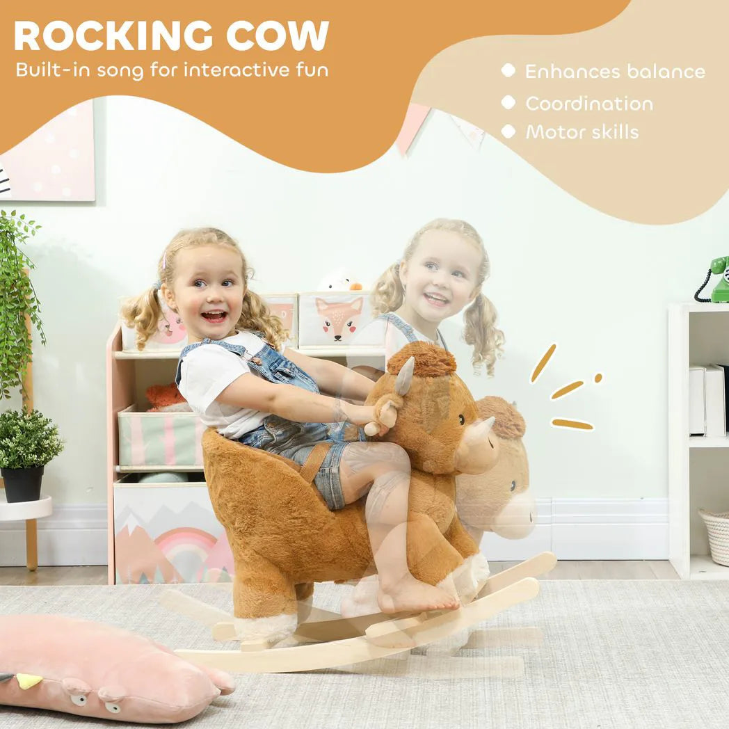 AIYAPLAY Baby Rocking Horse with Safety Belt and Wooden Base – Cow Animal Rocker for Children, Brown