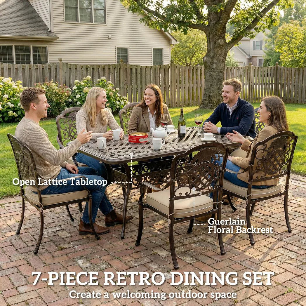Outsunny 7-Piece Cast Aluminium Garden Dining Set for 6 with Cushions & Parasol Hole – Bronze Tone