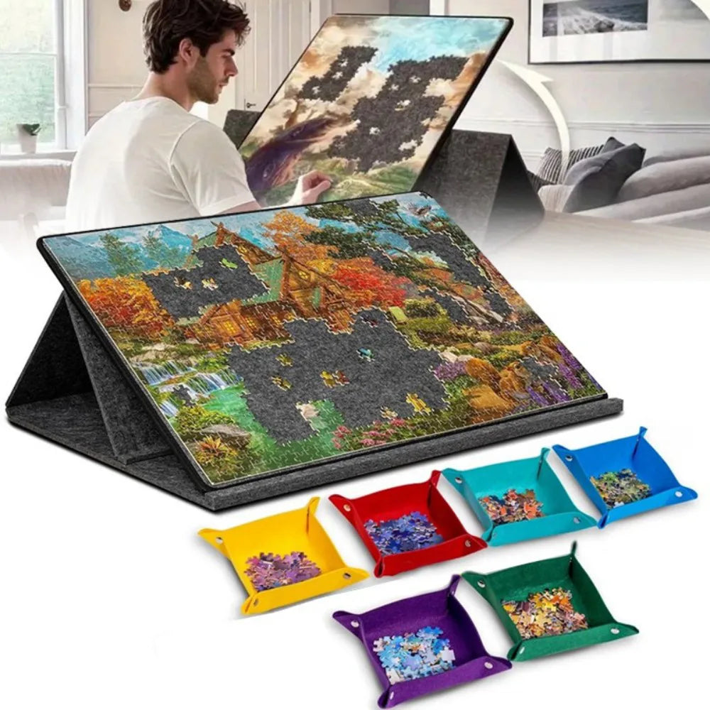Portable Felt Jigsaw Puzzle Board for 1000 Pieces with 6 Sorting Trays and Cover – Puzzle Table, Grey