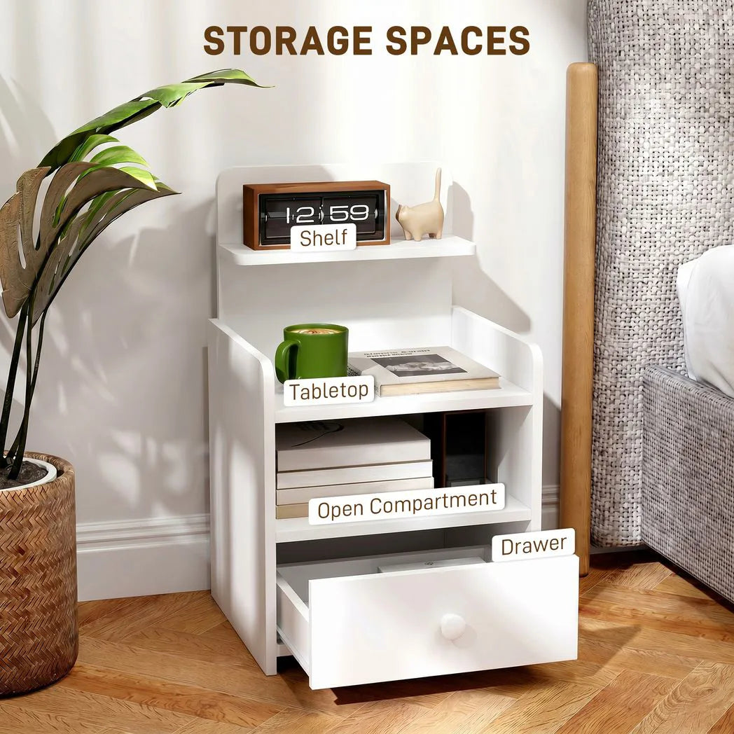 HOMCOM Bedside Cabinet with Drawer and Shelves – Versatile Bedside Table for Bedroom or Living Room, White