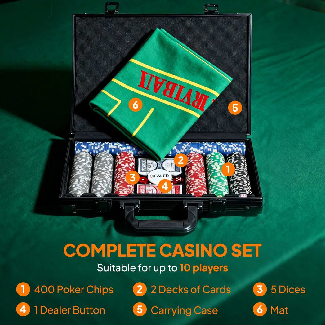 SPORTNOW 400-Piece Poker Chip Set with ABS Case, Mat, Cards & Dice – Texas Hold'em Casino Game Night Set, Grey