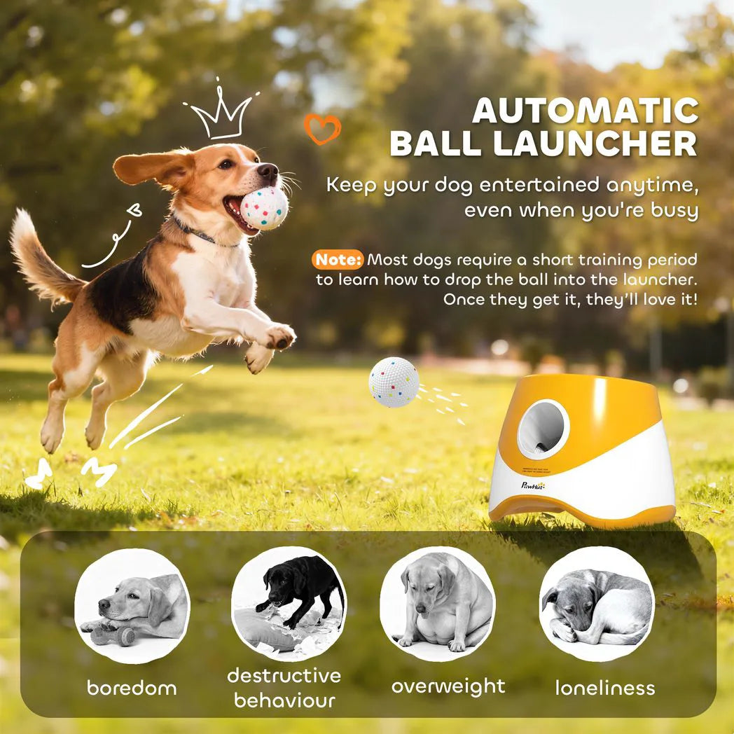 PawHut Automatic Dog Ball Launcher with 5 ETPU Balls, 6/10/14m Settings – Rechargeable Fetch Toy, Orange
