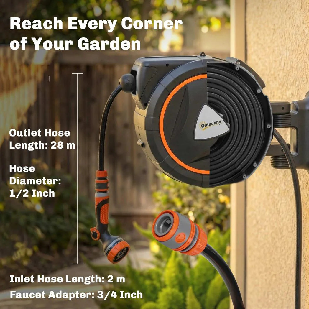 Outsunny 28m Retractable Wall-Mounted Hose Reel – Auto Lock, Slow Return, 12-Pattern Nozzles