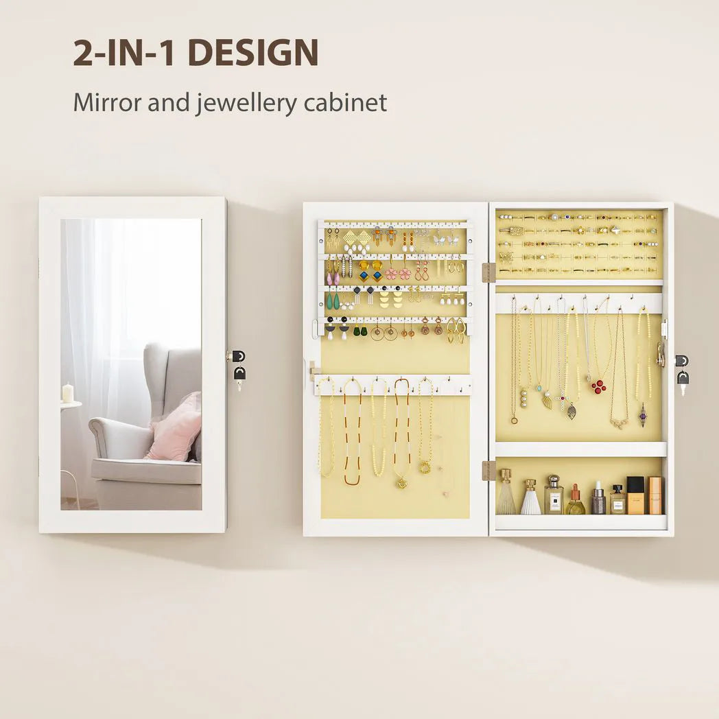 HOMCOM Wall-Mounted Jewellery Cabinet with Mirror, Lockable Storage with 80 Earring Slots and Hooks, White