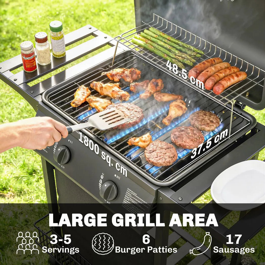 Outsunny 2-Burner Gas BBQ Grill – 2 x 2.5kW Burners with Side Tables, Warming Rack, Thermometer and Grease Tray, Black