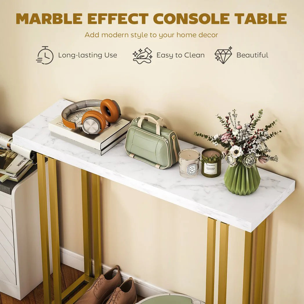 HOMCOM 100 cm Console Table with Faux Marble Top and Gold Tone Frame – Narrow Entryway Table, White