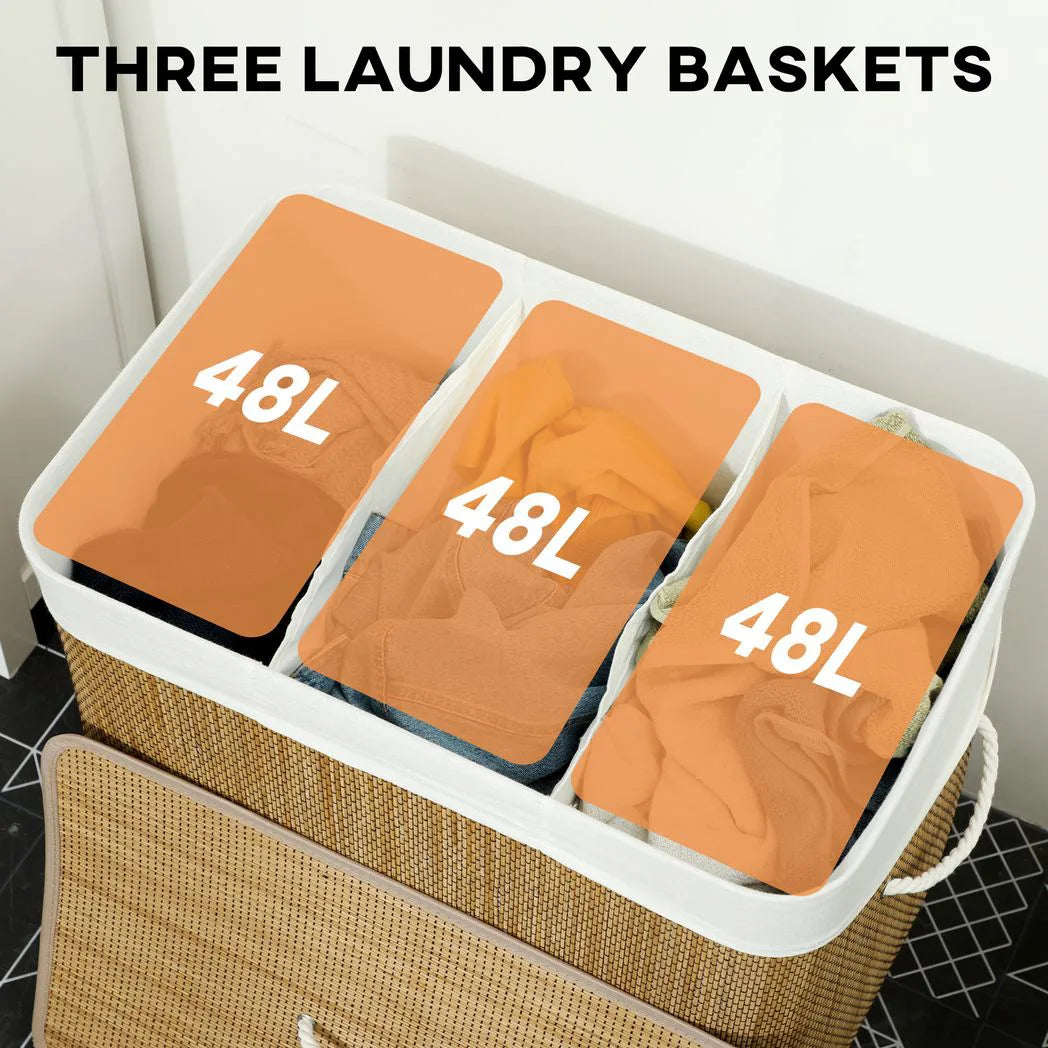 HOMCOM 144L Bamboo Laundry Basket with Lid, 3 Sections, Handles & Removable Washable Liner – Brown