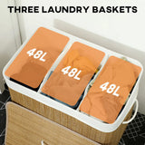 HOMCOM 144L Bamboo Laundry Basket with Lid, 3 Sections, Handles & Removable Washable Liner – Brown