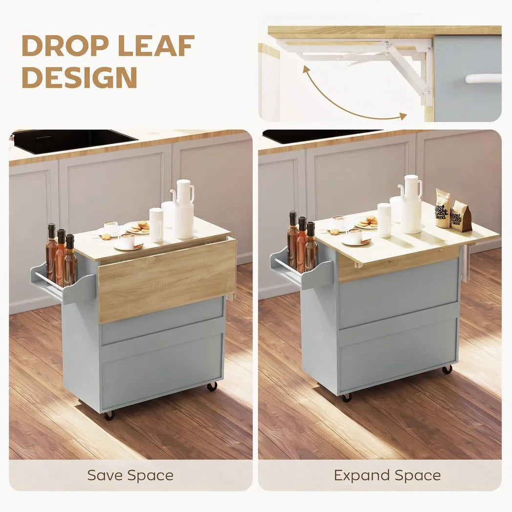 HOMCOM Rolling Kitchen Island with Drop Leaf, Drawer, Spice Rack and Towel Rack – Kitchen Storage Trolley, Grey