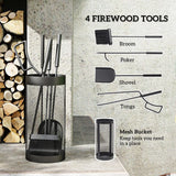 Outsunny 5-Piece Fireplace Tools Set with Mesh Basket – Indoor Outdoor Fireside Accessories, Black