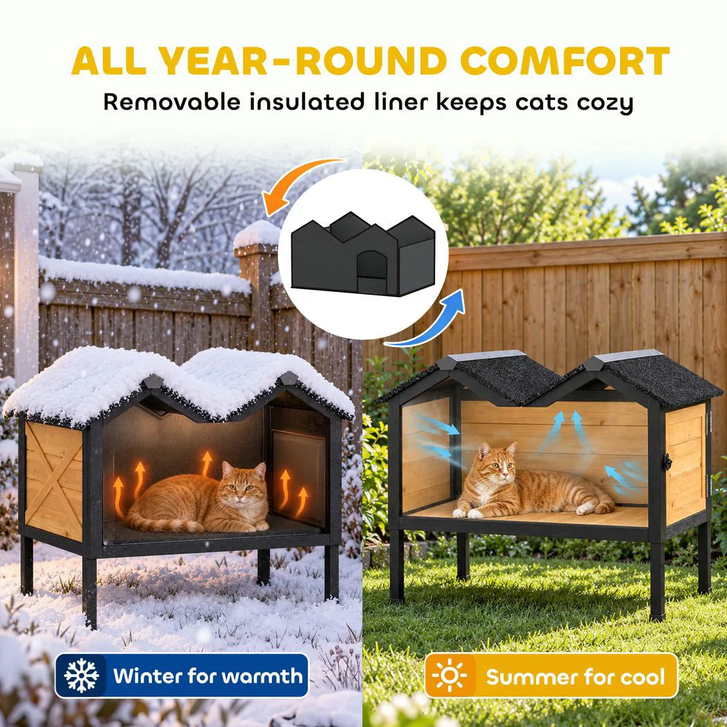 PawHut Wooden Outdoor Cat House with Asphalt Roof, Side Cleaning Door and PVC Curtain – Insulated Cat Shelter