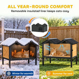 PawHut Wooden Outdoor Cat House with Asphalt Roof, Side Cleaning Door and PVC Curtain – Insulated Cat Shelter