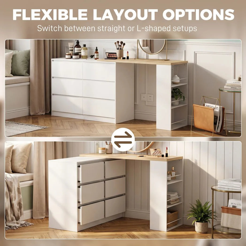 HOMCOM Vanity Dressing Table with 6 Drawers & 3-Tier Shelf – Flexible Straight or L-Shaped Layout Makeup Desk, White