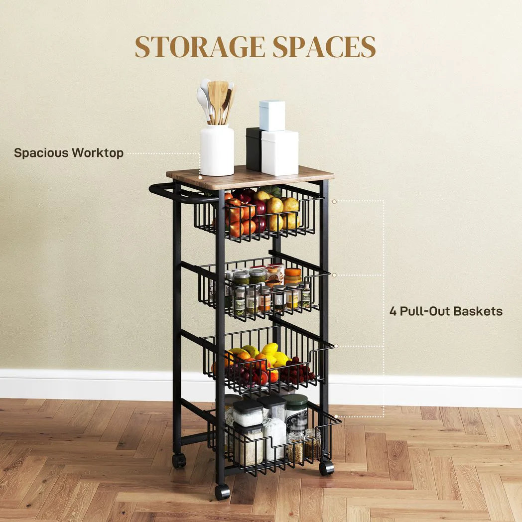 HOMCOM Four Basket Mobile Kitchen Island Trolley with Brakes – Steel Frame Storage Cart, Oak/Black