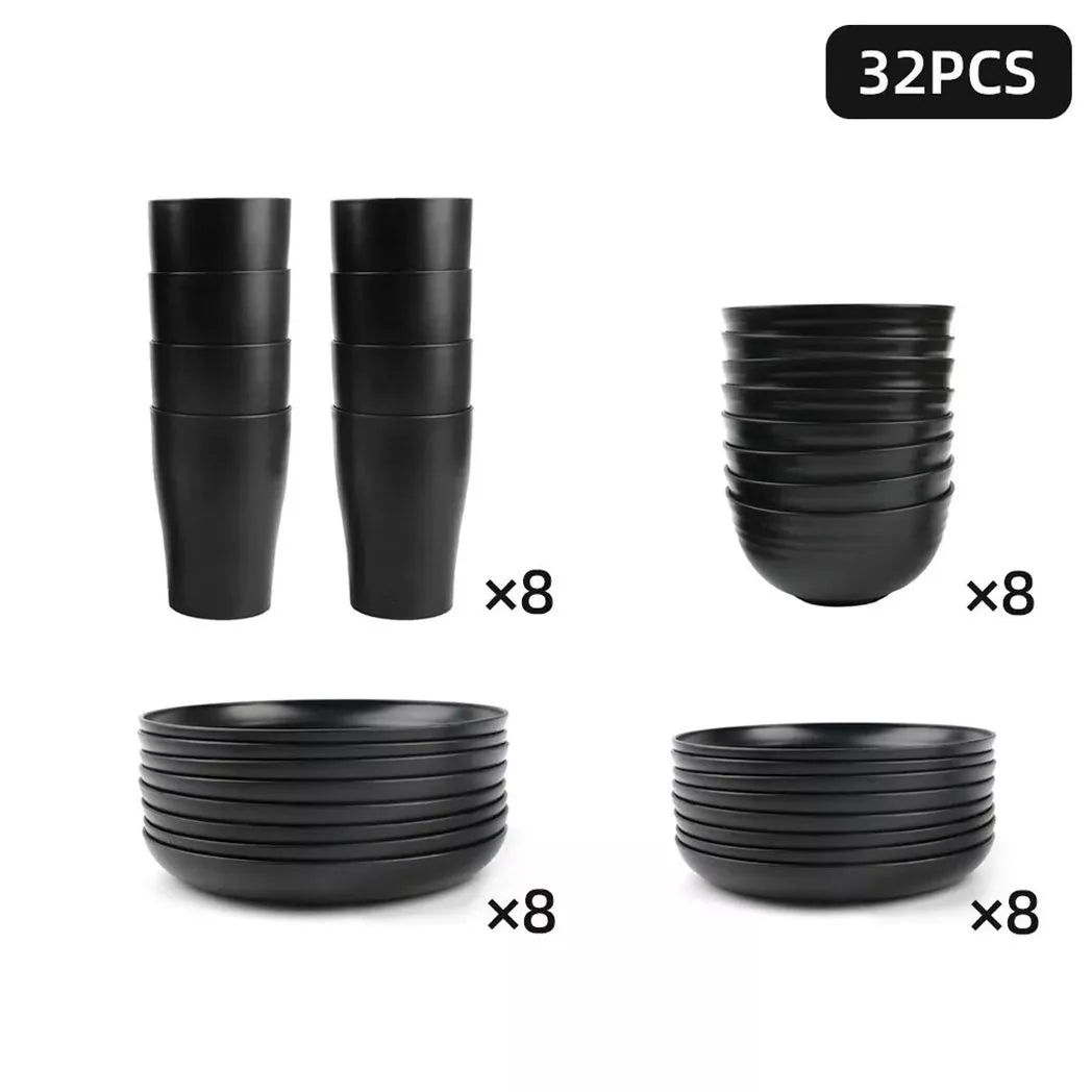 32-Piece Black Dinnerware Set – Round PP Bowls & Plates, BPA-Free Tableware for Home & Parties