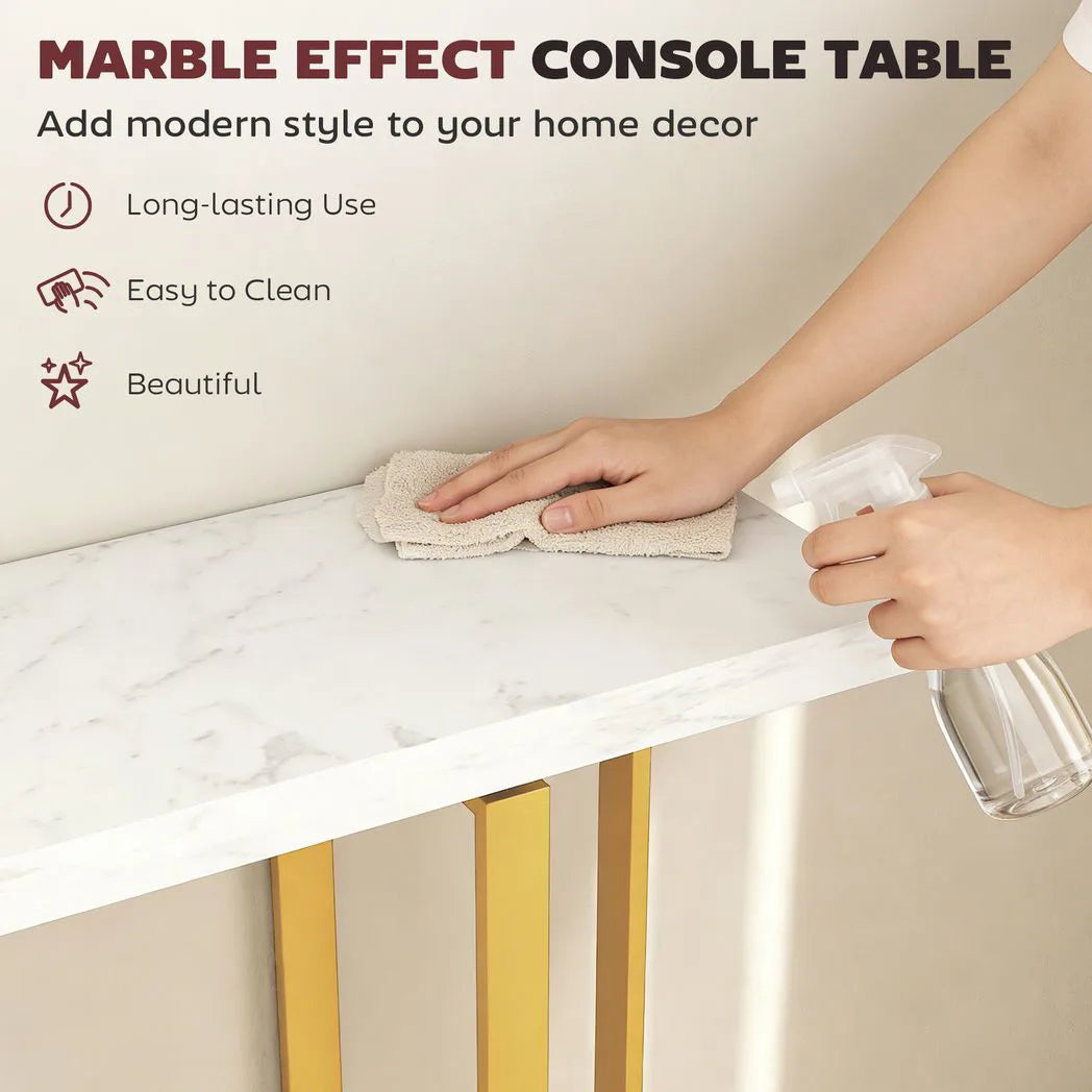 HOMCOM Faux Marble Console Table with Steel Frame – Narrow 100cm Entryway Table with Anti-Tip Device, White