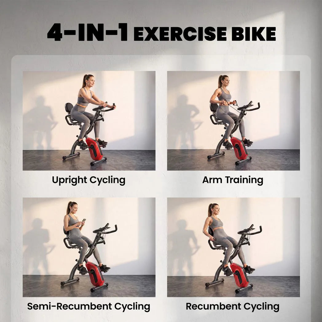 SPORTNOW 4-in-1 Folding Exercise Bike with Resistance Bands, 8-Level Magnetic Resistance & Bluetooth App, Red