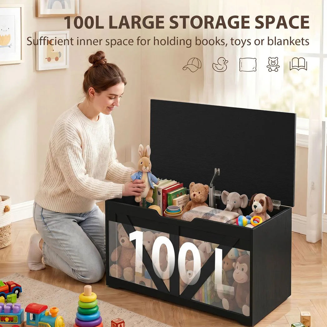 HOMCOM 100L Storage Box with Safety Hinge & Seat Top – Storage Trunk Bench, Black Wood-Effect