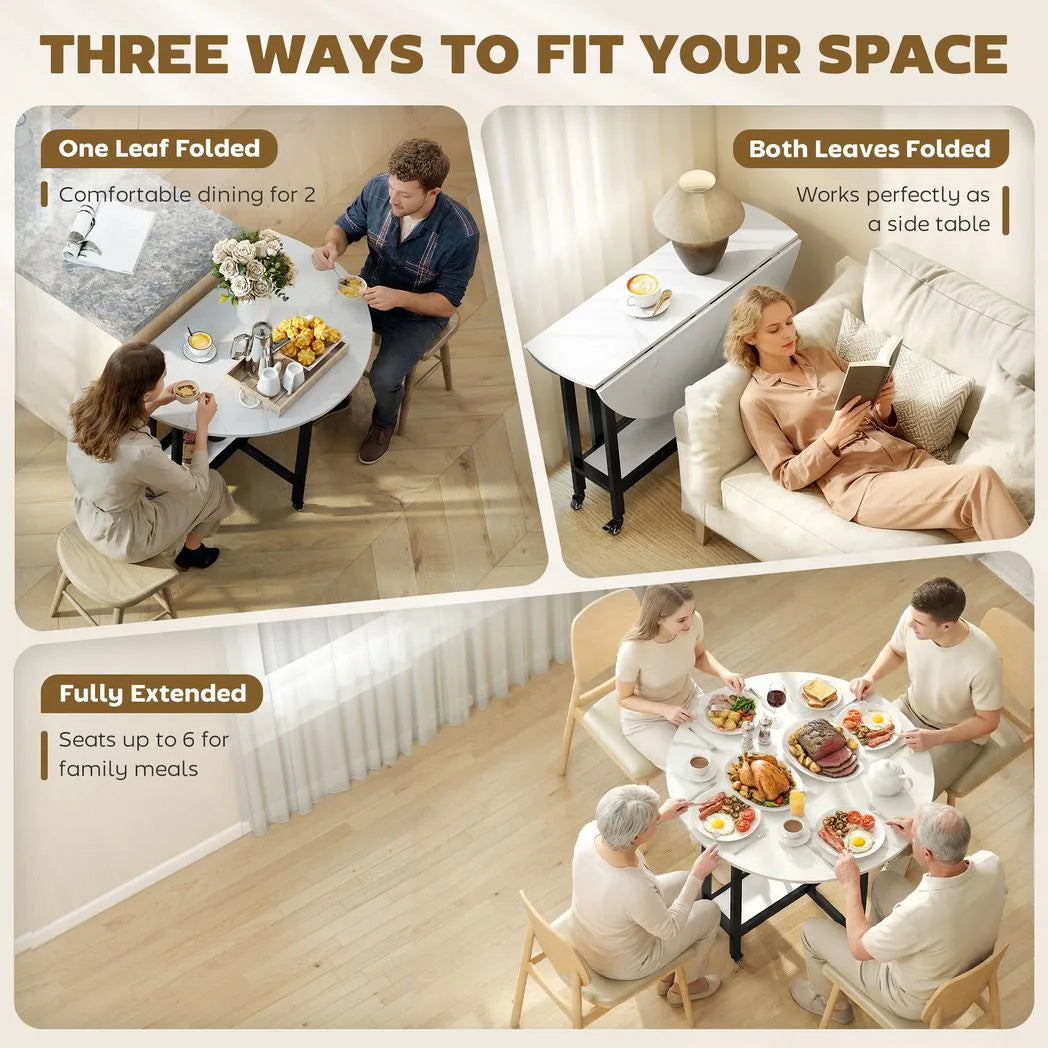 HOMCOM Folding Drop Leaf Dining Table with Open Shelf and Lockable Wheels – Small Spaces, White Marble