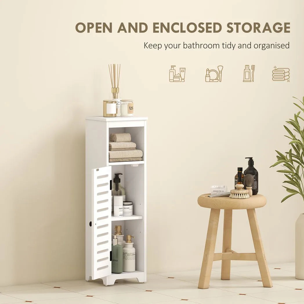 HOMCOM Slim Bathroom Floor Cabinet with Louvered Door, Open Shelf and Adjustable Shelf – Storage Unit, White