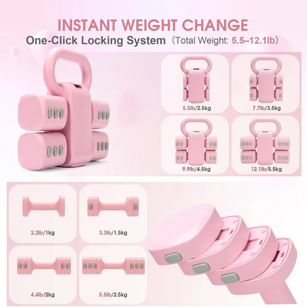 2-in-1 Adjustable Dumbbell & Kettlebell Set, 2kg to 5kg with Non-Slip Grip – Home Gym Hand Weights