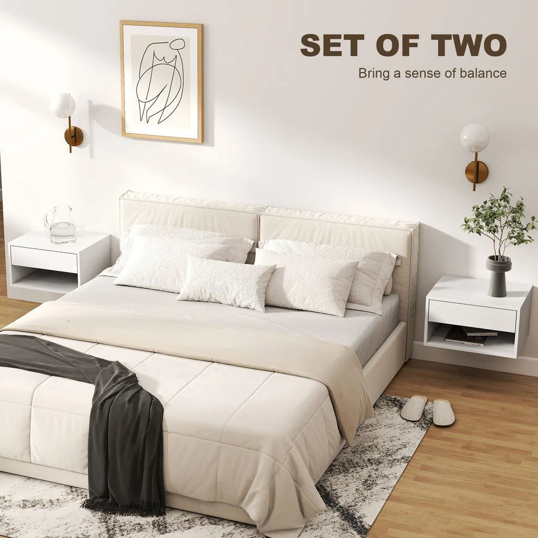 HOMCOM Set of 2 Floating Bedside Tables with Drawer and Shelf – Wall-Mounted Bedroom Storage, White