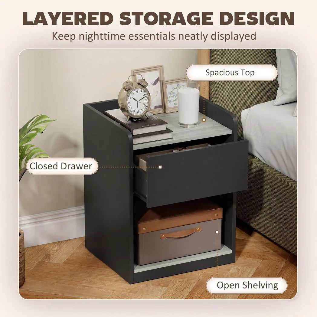 HOMCOM Modern Slim Bedside Table with Drawer, Shelf & Cable Holes – Nightstand, Black and Grey Wood Effect
