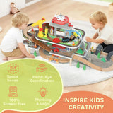 AIYAPLAY 79 Piece Wooden Train Set with Crane, Lift and Helipad – Mine-Themed Kids Train Track Toy
