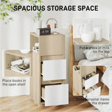 HOMCOM Slim Bedside Table with Open Shelf and 2 Drawers – Narrow Cabinet for Small Bedrooms, Natural Wood