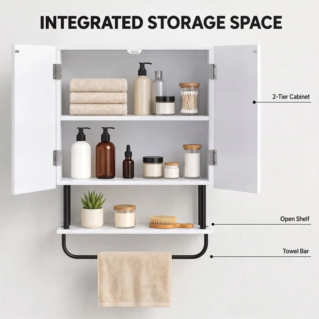 HOMCOM Bathroom Wall Cabinet with Doors and Towel Bar – Wall-Mounted Space-Saving Storage, White