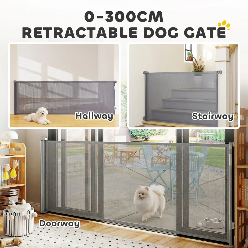 PawHut Retractable Dog Gate, Extends to 300cm Wide x 104cm Tall – One-Hand Mesh Gate for Stairs