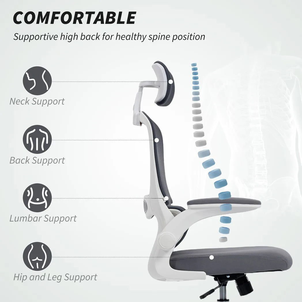 HOMCOM Mesh Back Office Chair with Lumbar Support, Removable Headrest and Flip-Up Armrests – Charcoal Grey